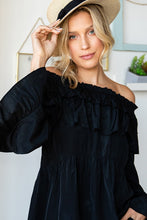 Black Solid Long Sleeve Off Shoulder Ruffle Top