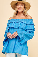 Blue Solid Long Sleeve Off Shoulder Ruffle Top