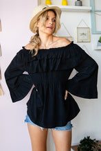 Black Solid Long Sleeve Off Shoulder Ruffle Top