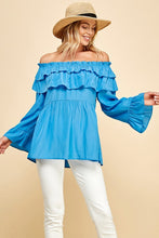 Blue Solid Long Sleeve Off Shoulder Ruffle Top