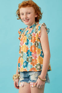 Pink Mix Girls Floral Smocked Ruffle Detail Tank