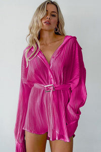 Magenta Pink Textured Button Shirt Dress with Buckle Belt