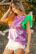 Purple Mardi Gras Color Block Sequin Top Organza Sleeve