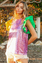 Purple Mardi Gras Color Block Sequin Top Organza Sleeve