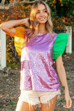 Purple Mardi Gras Color Block Sequin Top Organza Sleeve