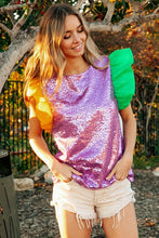 Purple Mardi Gras Color Block Sequin Top Organza Sleeve