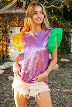 Purple Mardi Gras Color Block Sequin Top Organza Sleeve