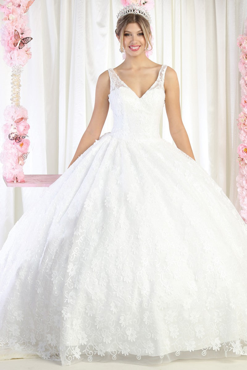 White Sleeveless Floral Embroidery Ballgown