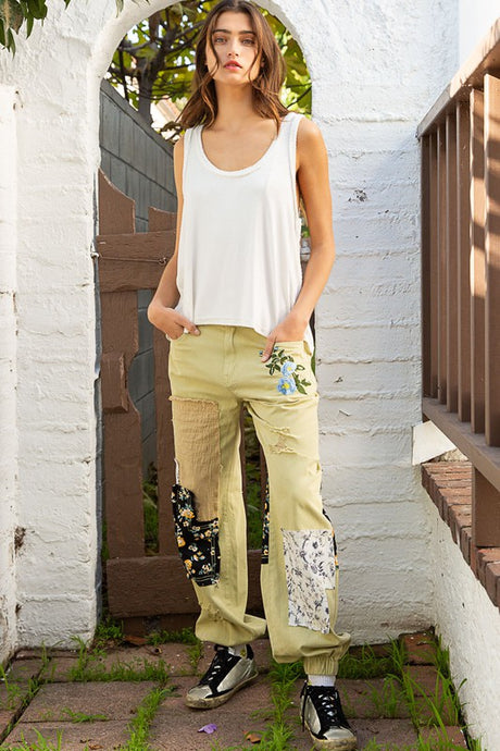 Pistachio Embroidered Patchwork Detail Jogger Pants