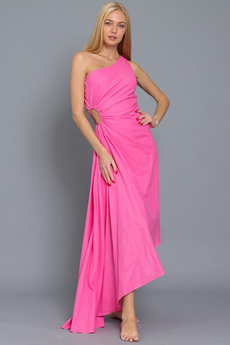 Pink One Shoulder Cut-Out Waisted Midi Dress