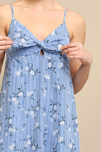 Blue Gingham and Floral Knotted Detail Cami Dress