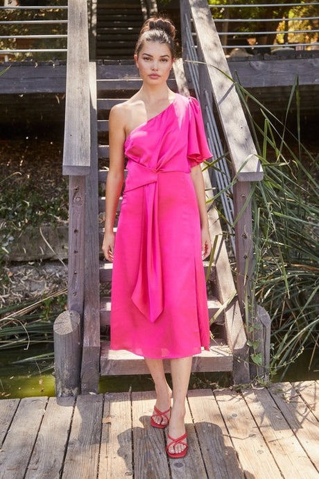 Fuchsia Chateau Satin One Shoulder Twist Front Midi Dress