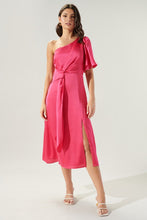 Fuchsia Chateau Satin One Shoulder Twist Front Midi Dress
