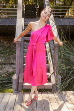 Fuchsia Chateau Satin One Shoulder Twist Front Midi Dress