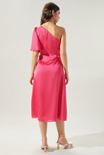 Fuchsia Chateau Satin One Shoulder Twist Front Midi Dress