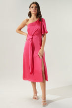 Fuchsia Chateau Satin One Shoulder Twist Front Midi Dress