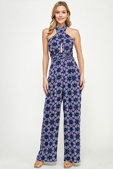 Blue Printed Halter Jumpsuit With Ruched Waist