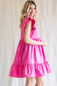 Pink Solid Pleather Ruffled Cap Sleeves Dress