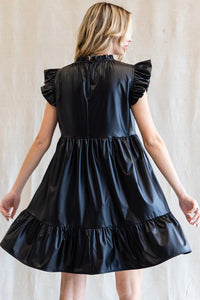 Black Solid Pleather Ruffled Cap Sleeves Dress