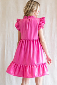 Pink Solid Pleather Ruffled Cap Sleeves Dress