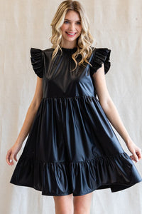 Black Solid Pleather Ruffled Cap Sleeves Dress
