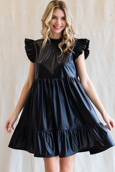 Black Solid Pleather Ruffled Cap Sleeves Dress