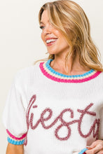 White Metallic Fiesta Letter Short Puff Sleeve Sweater