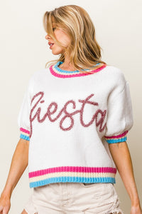 White Metallic Fiesta Letter Short Puff Sleeve Sweater