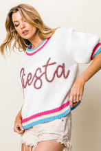 White Metallic Fiesta Letter Short Puff Sleeve Sweater