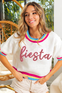White Metallic Fiesta Letter Short Puff Sleeve Sweater