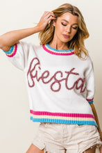 White Metallic Fiesta Letter Short Puff Sleeve Sweater