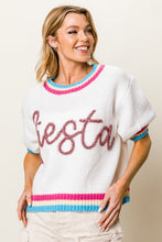 White Metallic Fiesta Letter Short Puff Sleeve Sweater