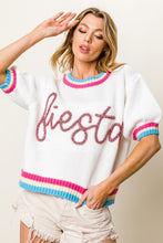 White Metallic Fiesta Letter Short Puff Sleeve Sweater