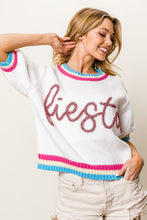 White Metallic Fiesta Letter Short Puff Sleeve Sweater
