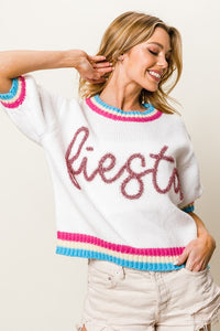 White Metallic Fiesta Letter Short Puff Sleeve Sweater