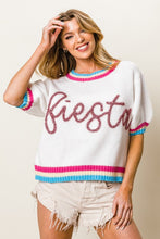 White Metallic Fiesta Letter Short Puff Sleeve Sweater