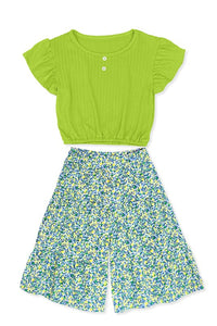 Kiwi Green Girl's 2 Pc Floral Gaucho Pant Set