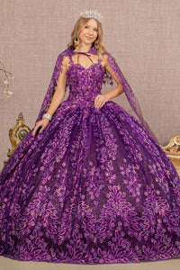 Purple 3D Floral Applique Sweetheart Glitter Ball Gown