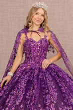 Purple 3D Floral Applique Sweetheart Glitter Ball Gown