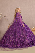 Purple 3D Floral Applique Sweetheart Glitter Ball Gown