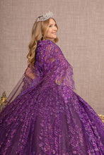 Purple 3D Floral Applique Sweetheart Glitter Ball Gown