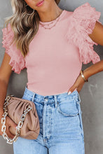 Pink Dotty Mesh Ruffle Sleeve Ribbed Knit Top