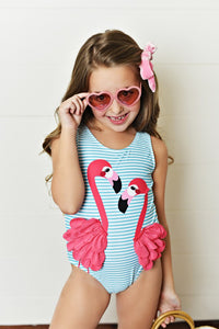 Kids Pink Flamingo Ruffle One Piece Swimsuit