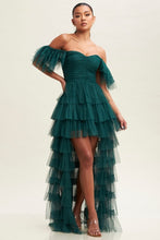 Hunter Green Off S Shirred Ruffle Maxi Dress