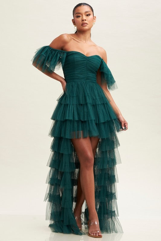 Hunter Green Off S Shirred Ruffle Maxi Dress