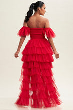 Red Off S Shirred Ruffle Maxi Dress