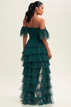 Hunter Green Off S Shirred Ruffle Maxi Dress