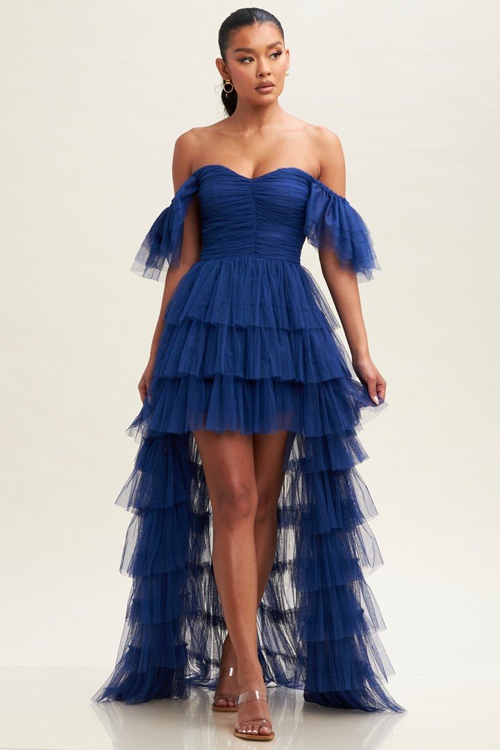 Royal Blue Off S Shirred Ruffle Maxi Dress