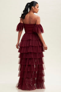 Wine Off S Shirred Ruffle Maxi Dress