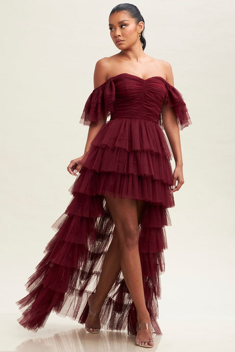Wine Off S Shirred Ruffle Maxi Dress